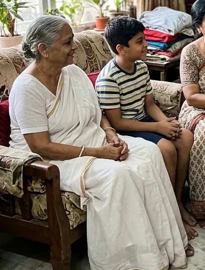 A grandmother sitting with her grandson