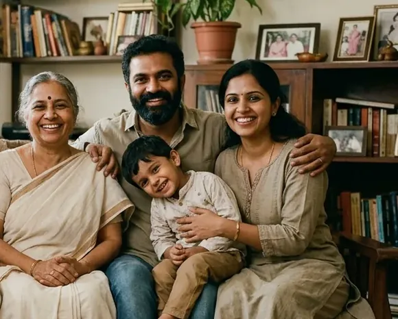 A young family smiling together at home