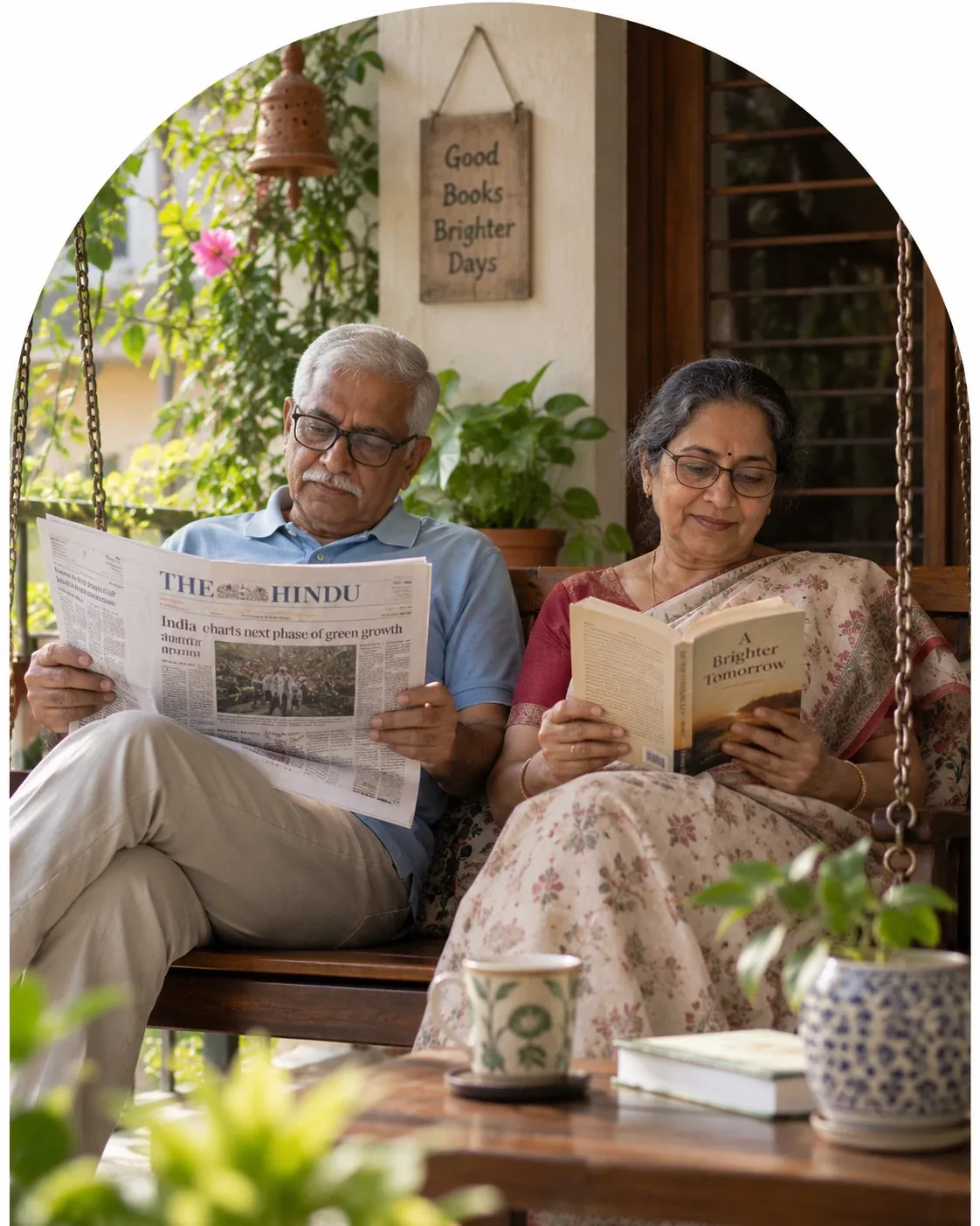 A retired couple reading together at home