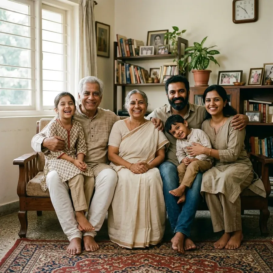 Three generations of an Indian family together at home
