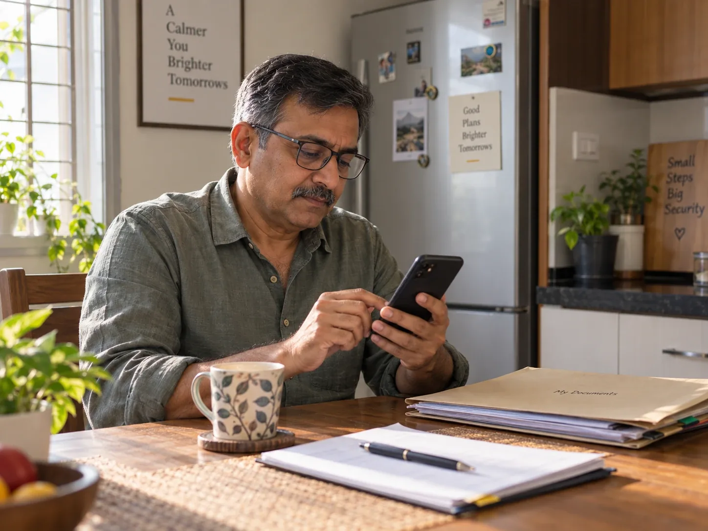 A person filling in details on a phone at home